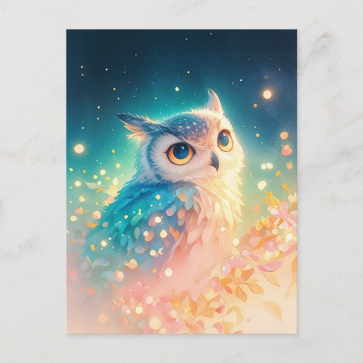 幻想的な青いフクロウの森の輝き ポストカード (正面)