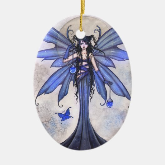 幻想的な青い妖精と蝶のファンタジーアート セラミックオーナメント (正面)