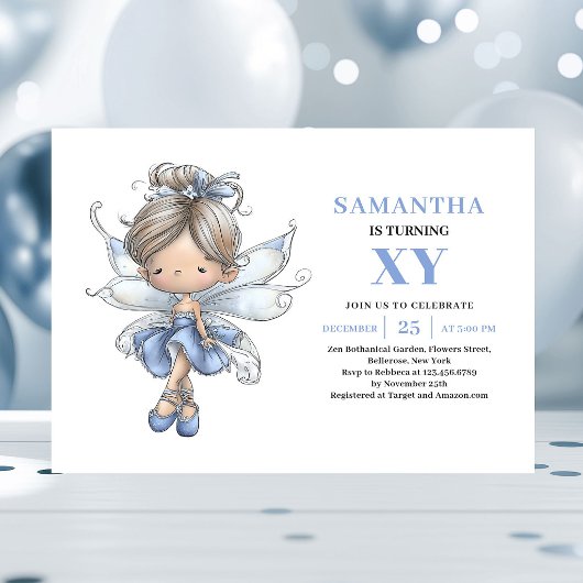 幻想的な青い妖精の女の子 1歳の誕生日 パステル 招待状