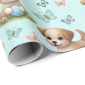 幻想的な青い水彩の子犬と蝶々 ラッピングペーパー (ロールコーナー)