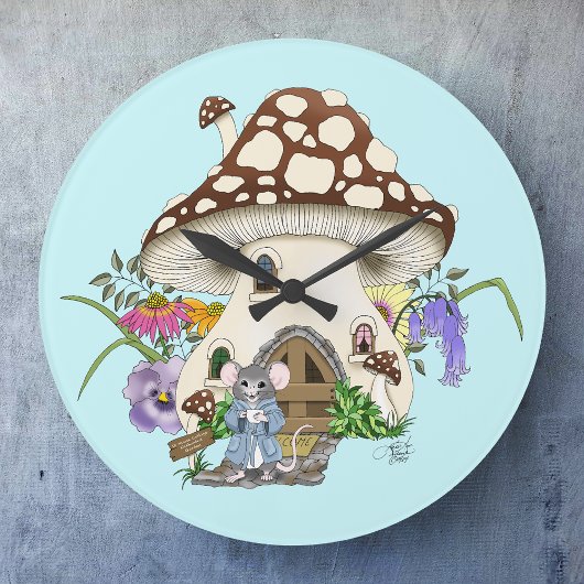 幻想的な青い花のキノコの家のネズミ ラージ壁時計
