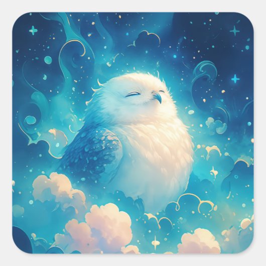 幻想的な青い雲の中で眠るかわいい白いフクロウ スクエアシール (正面)