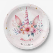 幻想的な魔法のピンクユニコーンの角子供の誕生日 ペーパープレート (正面)