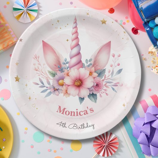 幻想的な魔法のピンクユニコーンの角子供の誕生日 ペーパープレート