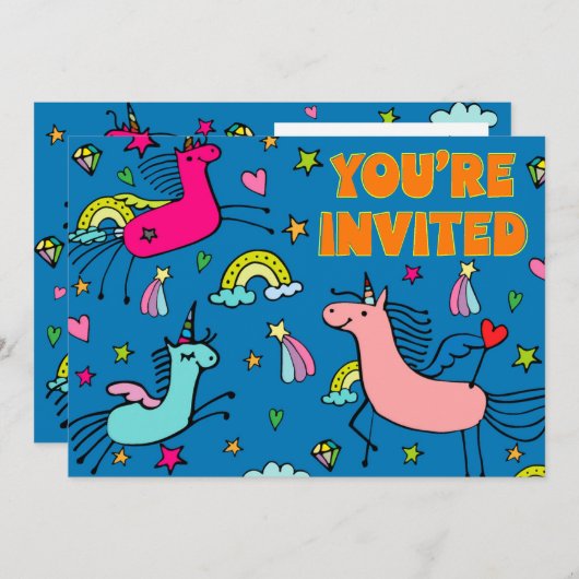 幻想的な魔法のユニコーンバースデーパーティー 招待状 (正面/裏面)