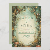 幻想的な魔法の森のキノコのウェディング 招待状 (正面/裏面)