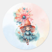 幻想的な魔法使いの水彩ハロウィンアート ラウンドシール (正面)