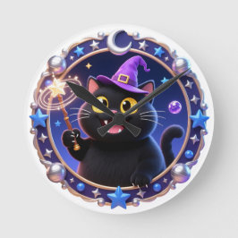 幻想的な魔法使い猫の肖像画アートプリント ラウンド壁時計