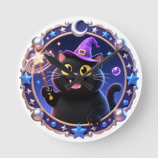 幻想的な魔法使い猫の肖像画アートプリント ラウンド壁時計 (正面)
