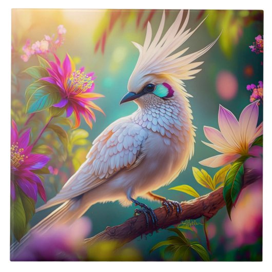 幻想的な鳥 クレスト付きの頬紅をしたジュブナイルバード タイル (正面)