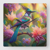 幻想的な鳥 グリーン・ヘッド・ジェイ スクエア壁時計 (正面)