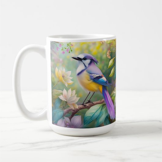 幻想的な鳥、紫色の冠のあるカケス コーヒーマグカップ (左)