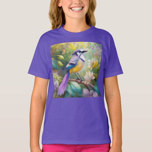 幻想的な鳥、紫色の冠のあるカケス Tシャツ (正面)