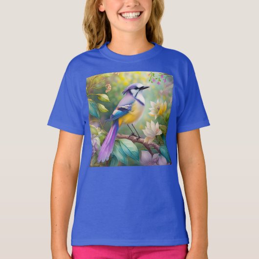 幻想的な鳥、紫色の冠のあるカケス Tシャツ (正面)