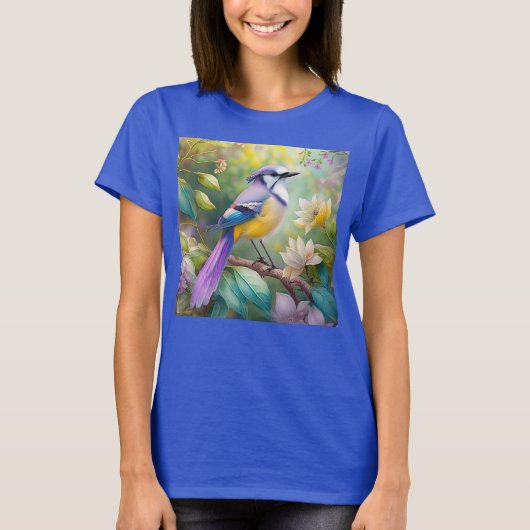幻想的な鳥、紫色の冠のあるカケス Tシャツ (正面)