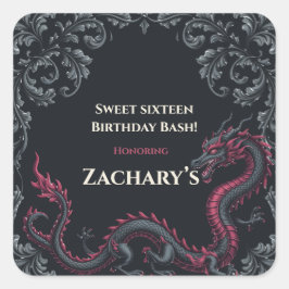 幻想的な黒と赤のドラゴンダマスク Sweet 16 パーティー スクエアシール