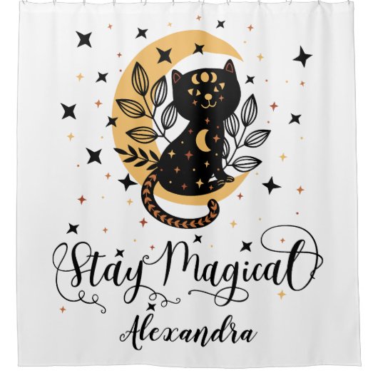 幻想的な黒猫と半月を星で過ごす シャワーカーテン (正面)