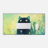 幻想的な黒猫のティールグリーンの光る草原 デスクマット (キーボード&マウス)