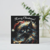 幻想的な黒猫サンタクロースのクリスマス帽子シーズナルデザイン シーズンカード (スタンド正面)