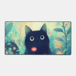 幻想的な黒猫 コーラルピンクの幻想的な庭園 デスクマット
