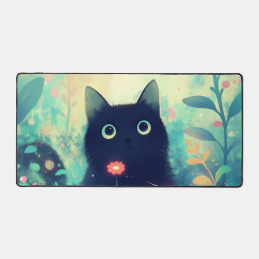 幻想的な黒猫 コーラルピンクの幻想的な庭園 デスクマット (正面)