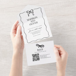 幻想的な黒蝶ネクタイ結婚式QRコードRSVP オールインワン招待状
