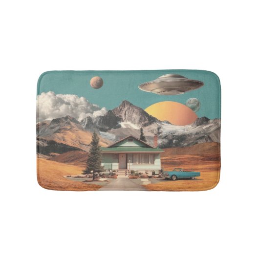 幻想的なUFOが古民家の上空に バスマット (正面)