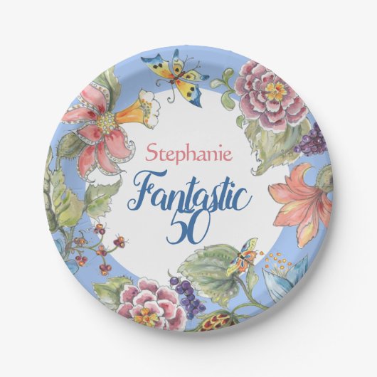 幻想的50フローラブルーウォーターカラー50誕生日 ペーパープレート (正面)
