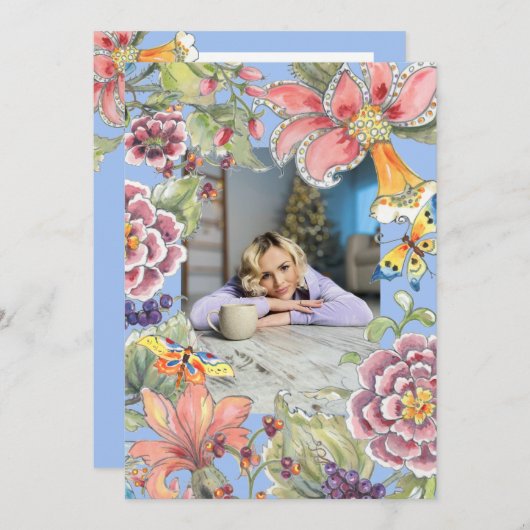 幻想的50熱帯フローラブルー50誕生日 招待状 (正面/裏面)