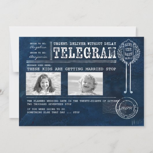 幼いおもしろい頃の写真の日付電報を保存 マグネット招待状 (正面)