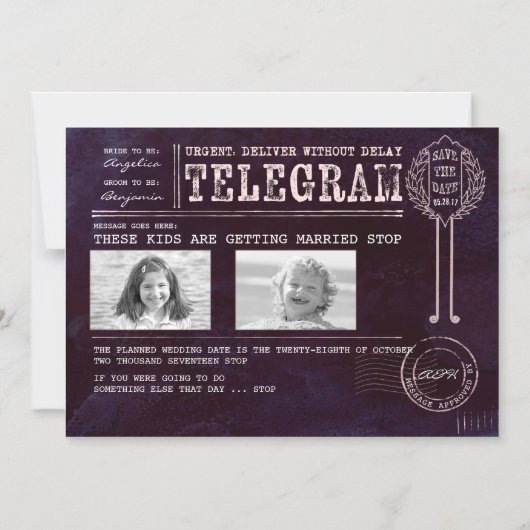 幼いおもしろい頃の写真の日付電報を保存 マグネット招待状 (正面)