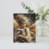 幼いウサギを抱えている妖精 ポストカード (スタンド正面)