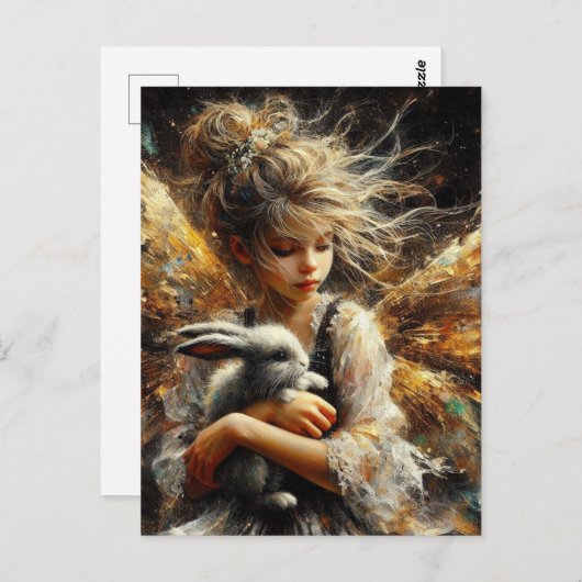 幼いウサギを抱えている妖精 ポストカード (正面/裏面)