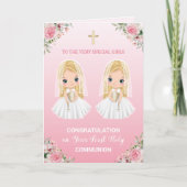 幼い双子の初めての聖体拝領のグリーティングカード カード (正面)