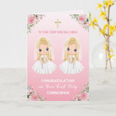 幼い双子の初めての聖体拝領のグリーティングカード カード (黄色い花)