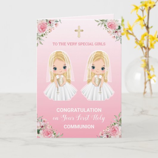 幼い双子の初めての聖体拝領のグリーティングカード カード (黄色い花)