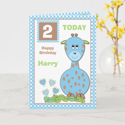 幼い子供へ男の子のキリン誕生日の挨拶 カード (黄色い花)