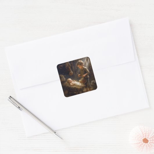 幼い少年がマリアの元にいる赤ちゃんのために太鼓を演奏する スクエアシール (封筒)