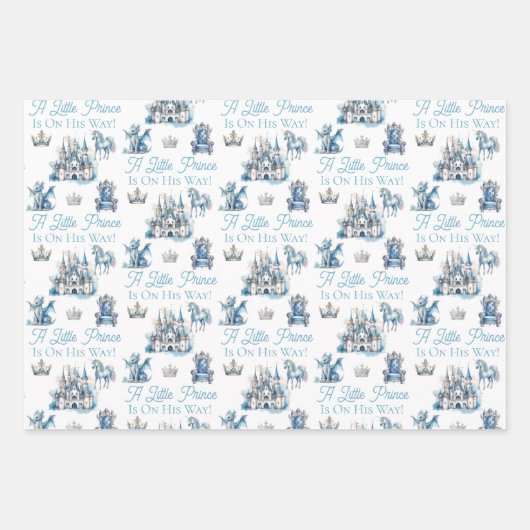 幼い王子が青い男の子の赤ちゃんシャワーに向かっている ラッピングペーパーシート (正面)