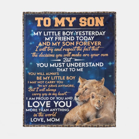 幼い男の子の昨日の友人の今日 – ライオンの母に息子 フリースブランケット (正面)
