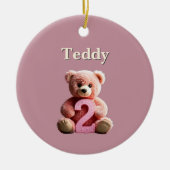 幼児の女の子2nd誕生日ピンクテディベア記念テープ セラミックオーナメント (正面)