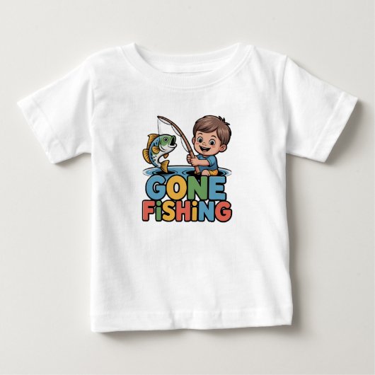 幼児の少年が釣りをしている面白い魚のTシャツ ベビーTシャツ (正面)