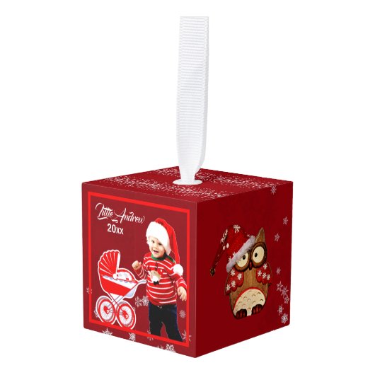 幼児の1枚の写真クリスマスがフクロウ雪の結晶サンタ キューブオーナメント (正面アングル)