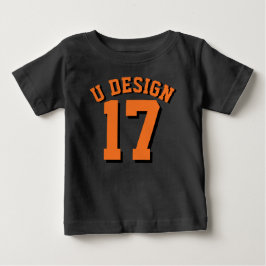 幼児|のスポーツのジャージーの黒い及びオレンジデザイン ベビーTシャツ