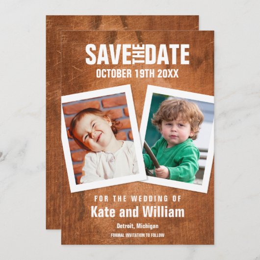 幼少期の写真ヴィンテージ木材の日付を保存 セーブザデート (正面/裏面)