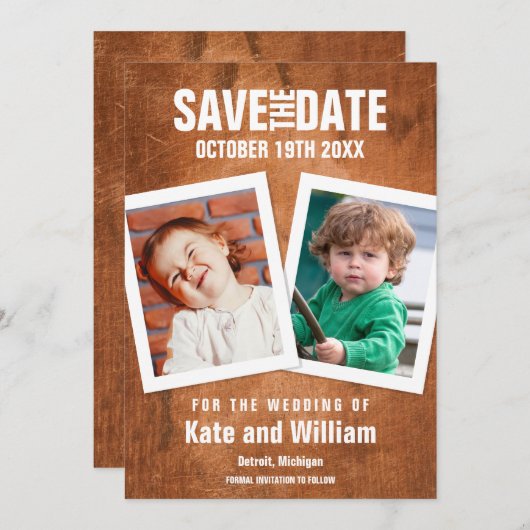 幼少期の写真ヴィンテージ木材の日付を保存 招待状 (正面/裏面)