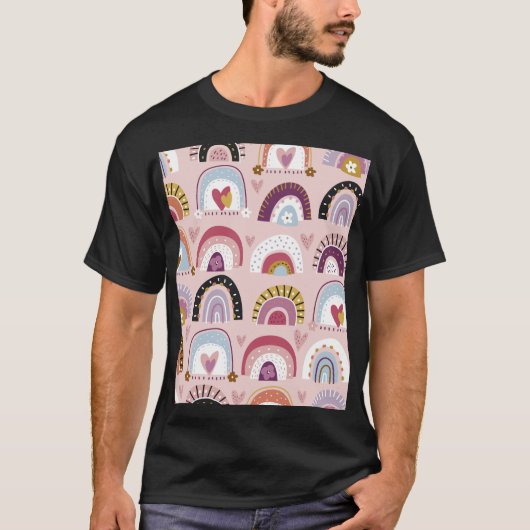 幼稚な虹の花ハートパターン Tシャツ (正面)