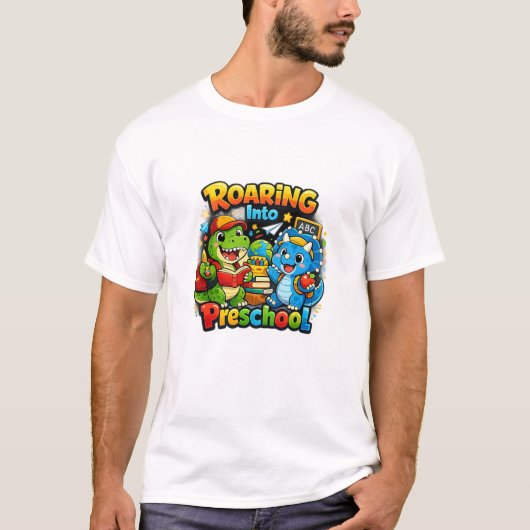 幼稚園に入園するぞ - かわいい恐竜のバックトゥスクール Tシャツ (正面)