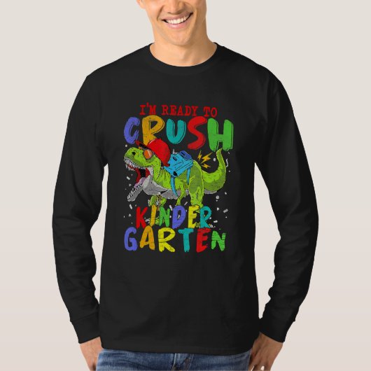 幼稚園のレトロ恐竜を押し戻す準備ができた Tシャツ (正面)