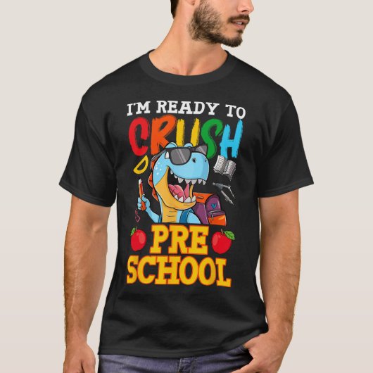幼稚園の初日に向けて準備万端 ティラノサウルス Tシャツ (正面)